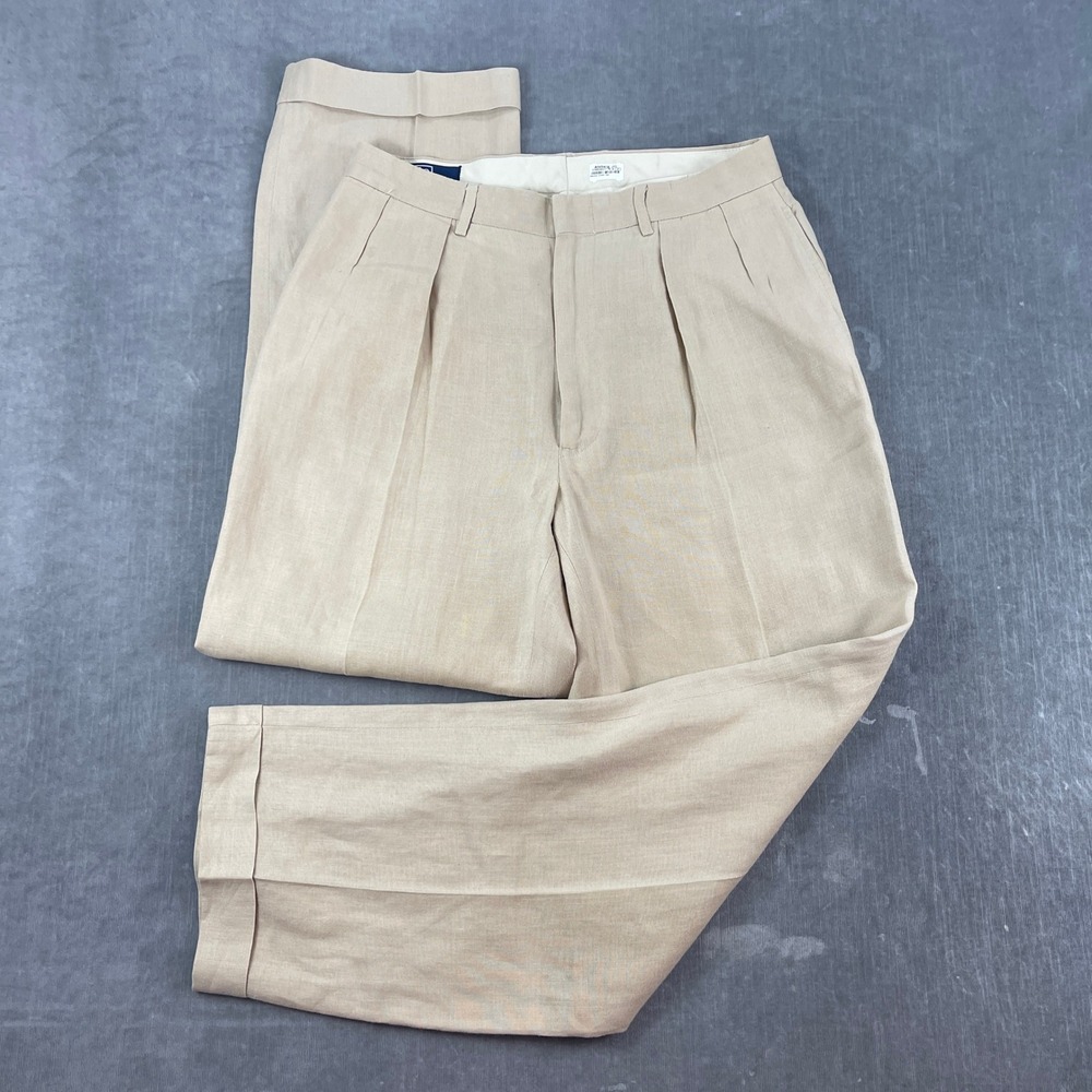 Polo Ralph Lauren Men 32x30 Tan Linen Pleated Cuffed Trousers Dress Pants